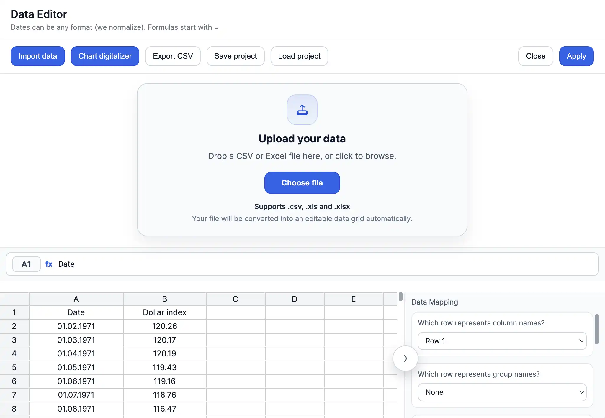 Eeagli spreadsheet-style data upload and editing workflow